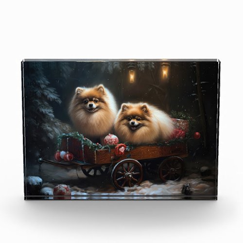 Pomeranian Snowy Sleigh Christmas Decor Photo Block