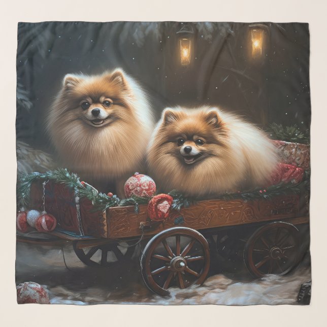 Pomeranian Snowy Sleigh Christmas Decor Scarf (Front)