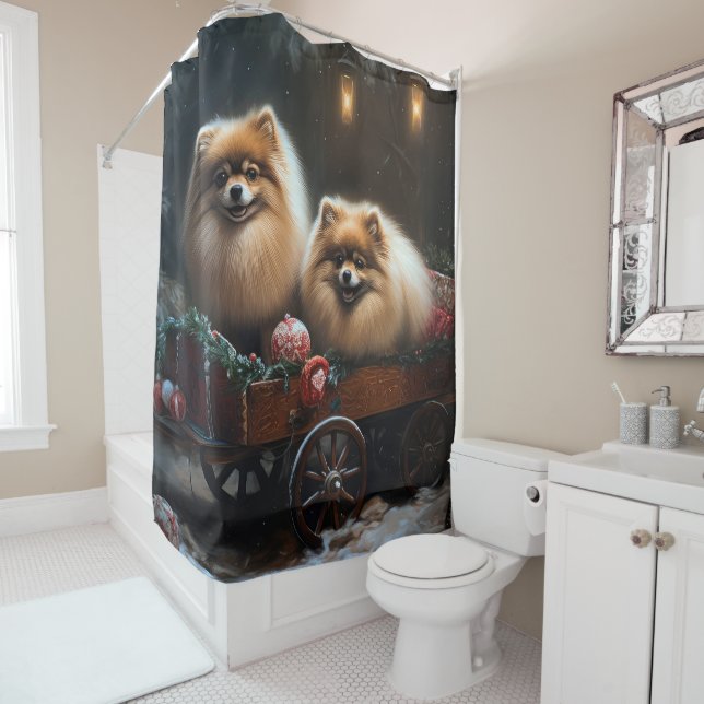 Pomeranian Snowy Sleigh Christmas Decor Shower Curtain (In Situ)