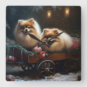 Pomeranian Snowy Sleigh Christmas Decor Square Wall Clock