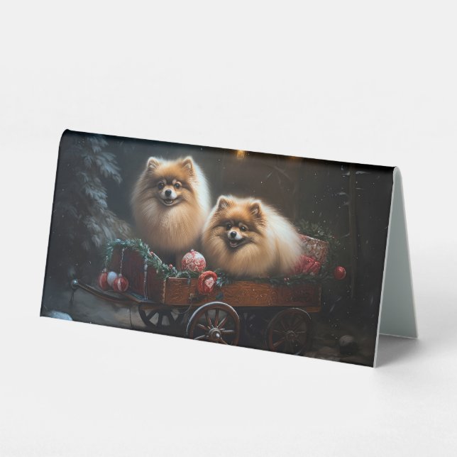 Pomeranian Snowy Sleigh Christmas Decor Table Tent (Front)