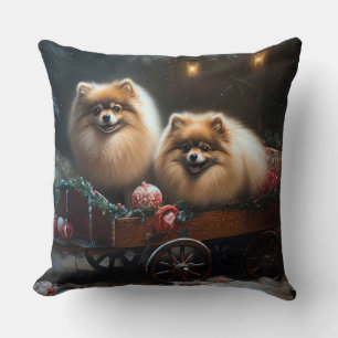 Pomeranian Snowy Sleigh Christmas Decor Throw Pillow