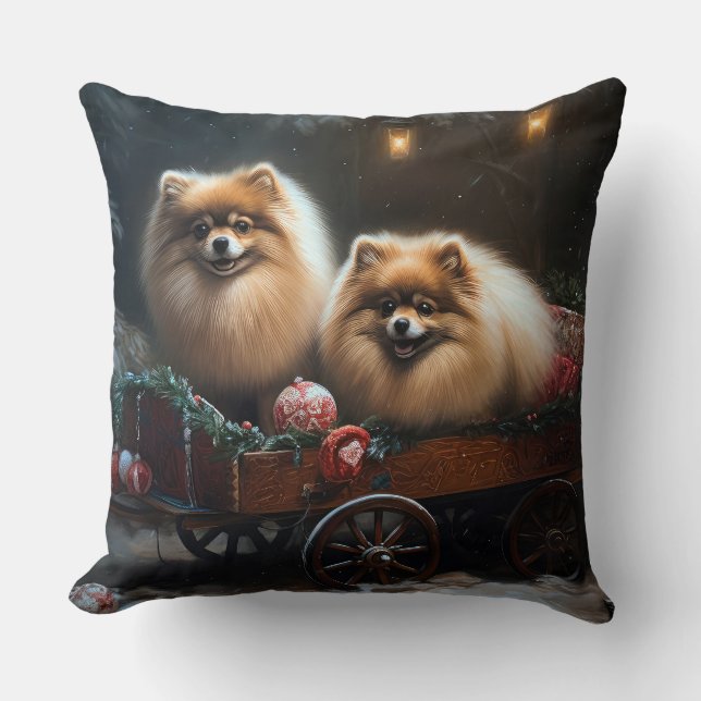 Pomeranian Snowy Sleigh Christmas Decor Throw Pillow (Front)