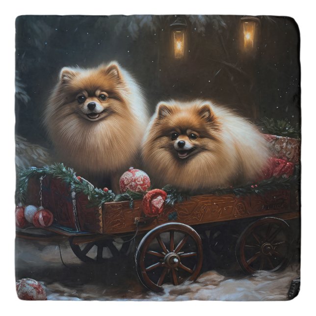 Pomeranian Snowy Sleigh Christmas Decor Trivet (Front)