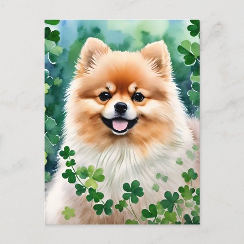 Pomeranian St Patricks Day Clover Art Postcard