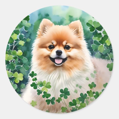 Pomeranian St Patricks Day Clover Classic Round Sticker