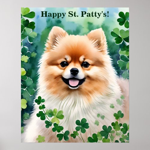 Pomeranian St Patricks Day Green Clovers Poster