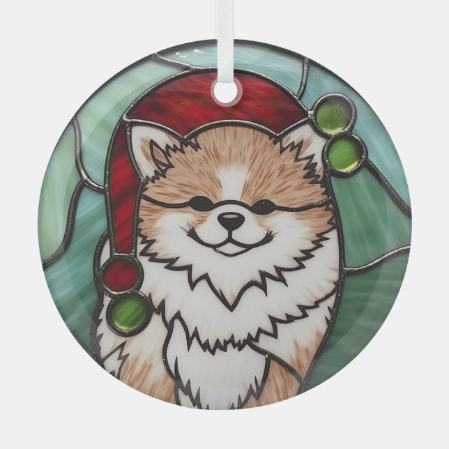 Pomeranian Stained Glass Christmas Glass Ornament (Front)