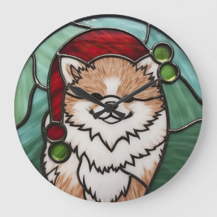 Pomeranian Stained Glass Christmas Large Clock