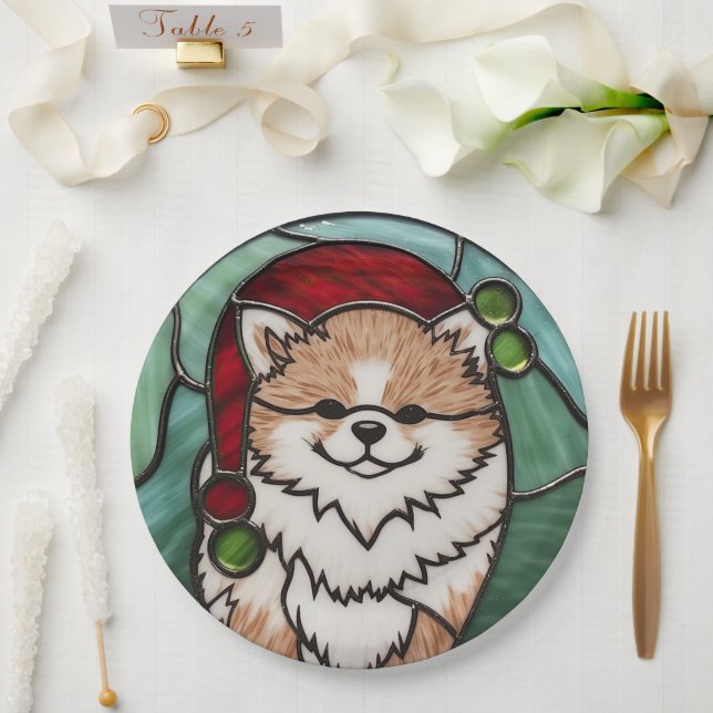 Pomeranian Stained Glass Christmas Paper Plates (Wedding)