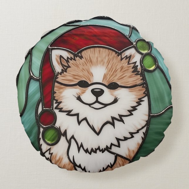 Pomeranian Stained Glass Christmas Round Pillow (Back)
