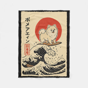 Pomeranian Surfing Japanese Wave  Fleece Blanket