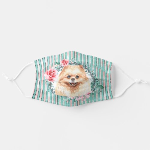 Pomeranian toy pom pet dog face watercolor rose adult cloth face mask