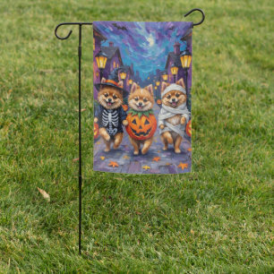 Pomeranian Trick-or-Treating in Halloween Costumes Garden Flag