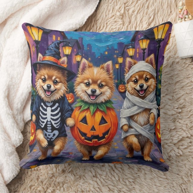 Pomeranian Trick-or-Treating in Halloween Costumes Throw Pillow (Blanket)