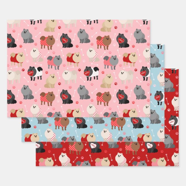 Pomeranian Valentine Pattern Wrapping Paper Sheets (Set)