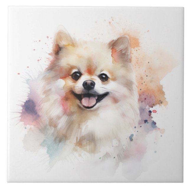 Pomeranian Watercolor Dog Ceramic Tile (Front)