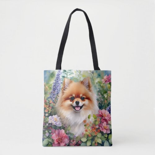 Pomeranian Watercolor Floral Portrait Tote Bag