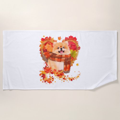 Pomeranian With Heart Made Of Autumn Leaves Beach Towel