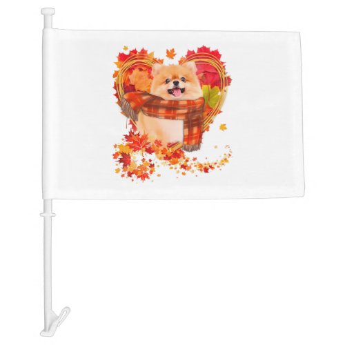 Pomeranian With Heart Made Of Autumn Leaves Car Flag