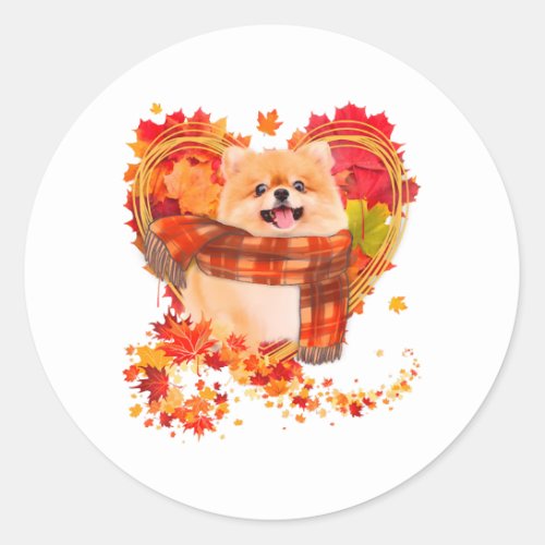 Pomeranian With Heart Made Of Autumn Leaves Classic Round Sticker