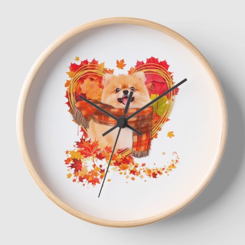 Pomeranian With Heart Made Of Autumn Leaves Clock