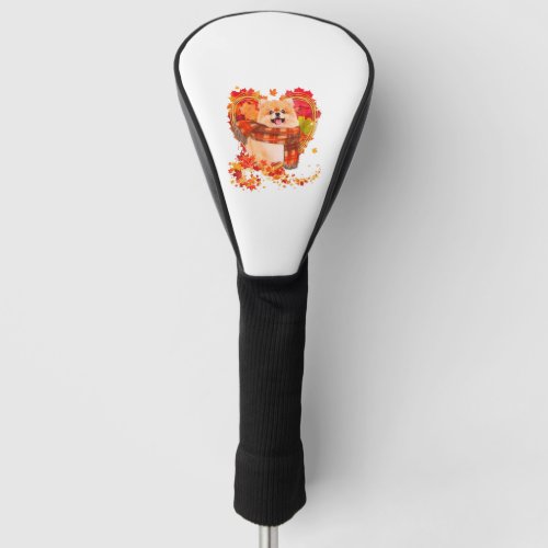 Pomeranian With Heart Made Of Autumn Leaves Golf Head Cover