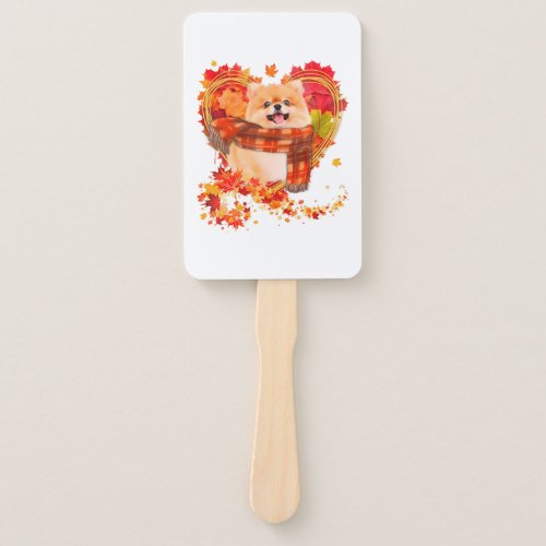 Pomeranian With Heart Made Of Autumn Leaves Hand Fan