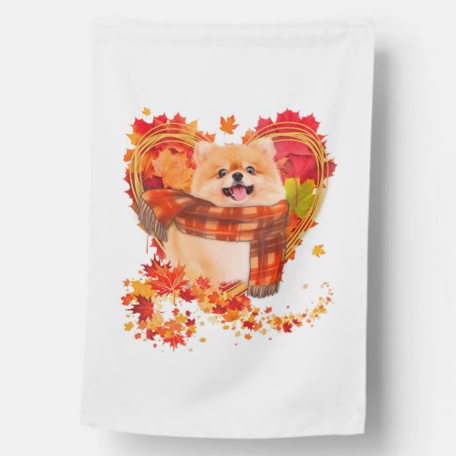 Pomeranian With Heart Made Of Autumn Leaves House Flag