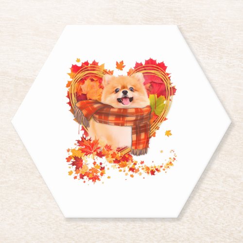 Pomeranian With Heart Made Of Autumn Leaves Paper Coaster