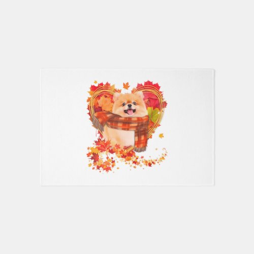 Pomeranian With Heart Made Of Autumn Leaves Rug