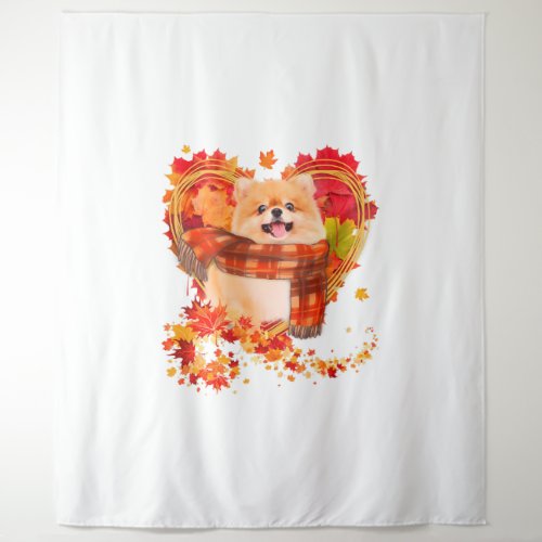 Pomeranian With Heart Made Of Autumn Leaves Tapestry