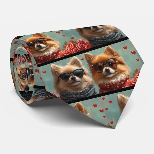 Pomeranian With Heart Roses Valentine's Day  Neck Tie (Rolled)