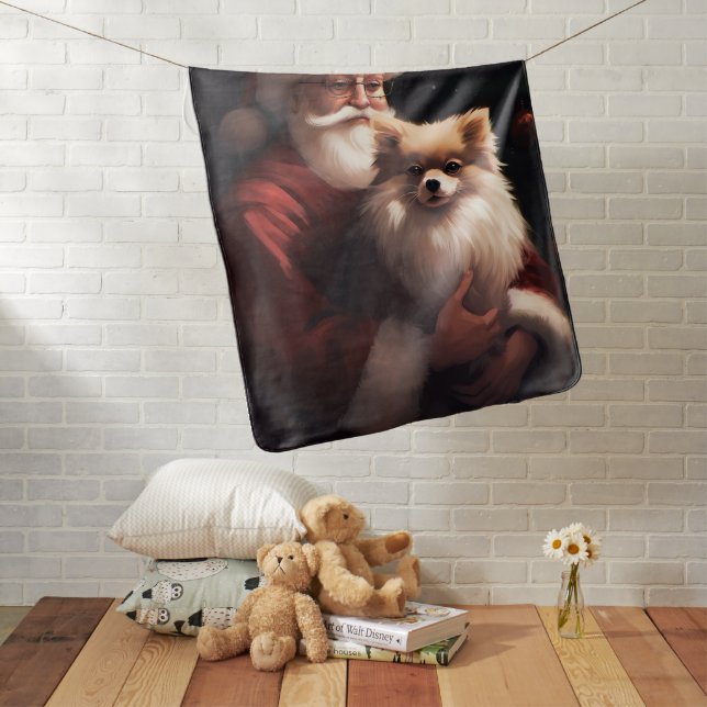 Pomeranian With Santa Claus Festive Christmas  Baby Blanket (In Situ)