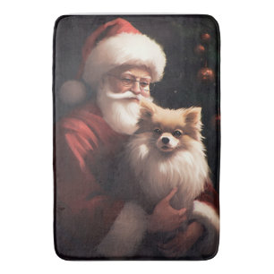 Pomeranian With Santa Claus Festive Christmas Bath Mat