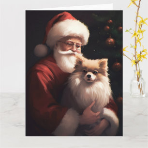 Pomeranian With Santa Claus Festive Christmas Card