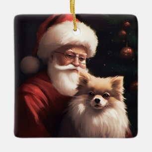 Pomeranian With Santa Claus Festive Christmas  Ceramic Ornament