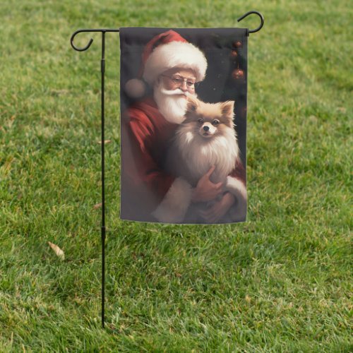 Pomeranian With Santa Claus Festive Christmas  Garden Flag