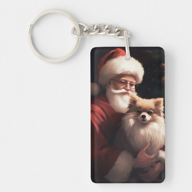 Pomeranian With Santa Claus Festive Christmas  Keychain (Front)