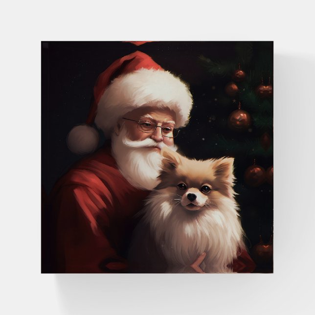Pomeranian With Santa Claus Festive Christmas  Paperweight (Front)