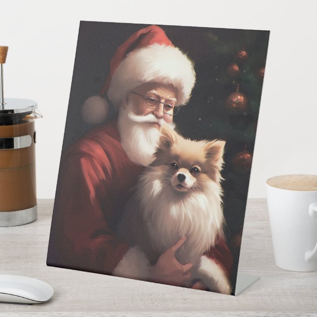 Pomeranian With Santa Claus Festive Christmas  Pedestal Sign (In SItu)