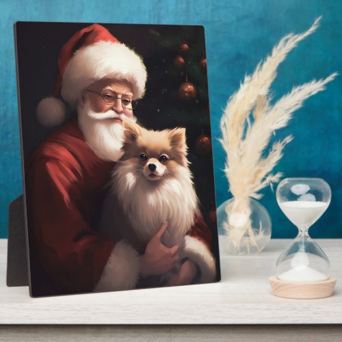 Pomeranian With Santa Claus Festive Christmas  Plaque