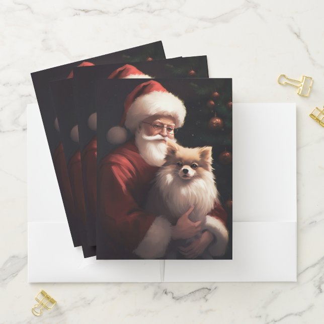 Pomeranian With Santa Claus Festive Christmas  Pocket Folder (In Situ)
