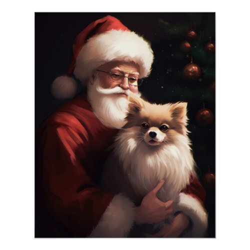 Pomeranian With Santa Claus Festive Christmas  Poster