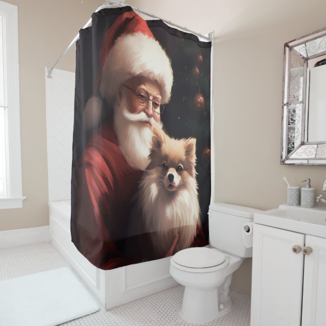 Pomeranian With Santa Claus Festive Christmas  Shower Curtain (In Situ)