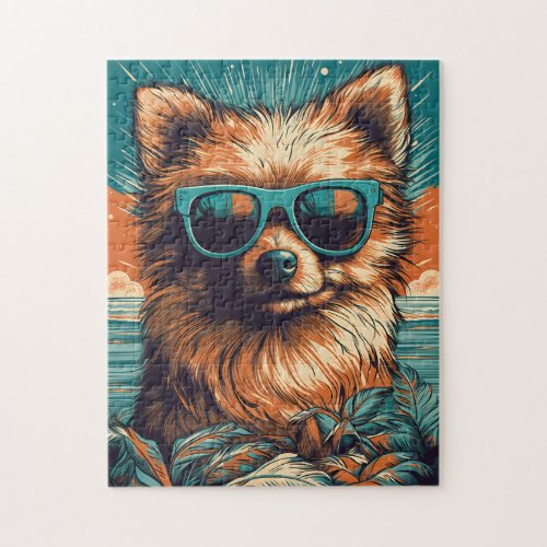 Pomeranian with Sunglasses at the beach Jigsaw Puzzle