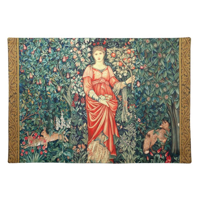 POMONA HOLDING FRUITS IN GREENERY, FOREST ANIMALS  CLOTH PLACEMAT (Front)