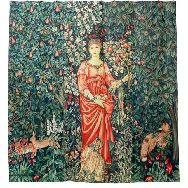 POMONA HOLDING FRUITS IN GREENERY, FOREST ANIMALS  SHOWER CURTAIN (Front)