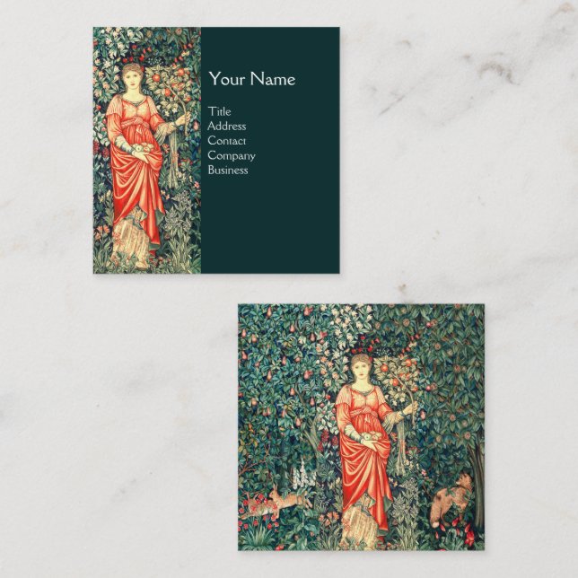 POMONA HOLDING FRUITS IN GREENERY, FOREST ANIMALS  SQUARE BUSINESS CARD (Front/Back)