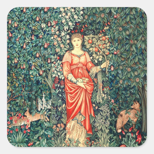 POMONA HOLDING FRUITS IN GREENERY, FOREST ANIMALS SQUARE STICKER (Front)